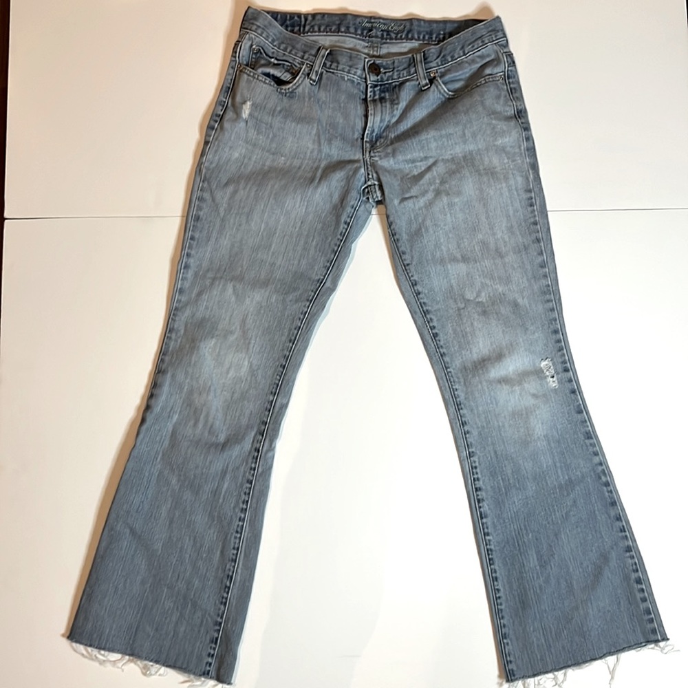 American Eagle blue hipster skinny flare jeans raw hem 6 Long